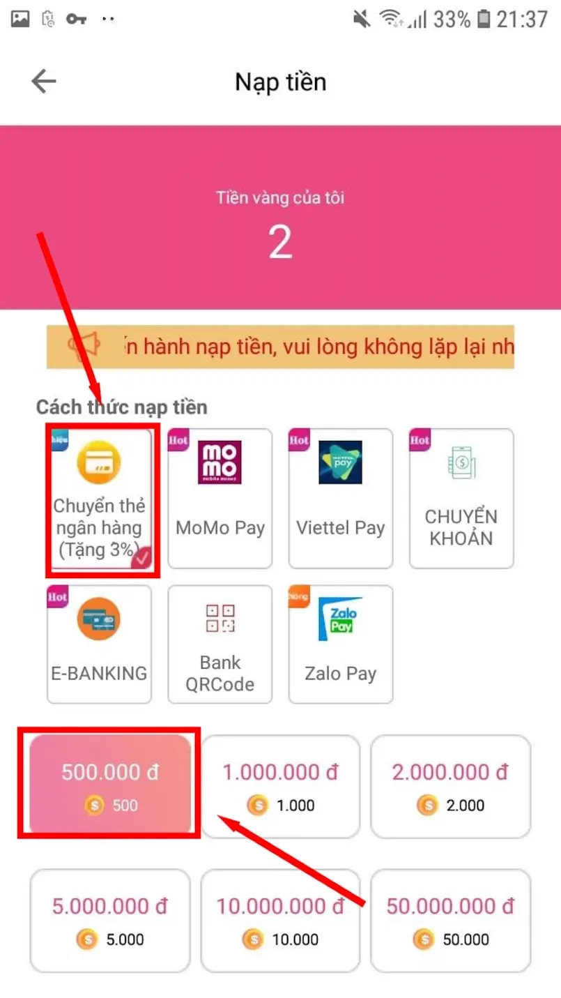 Hướng dẫn nạp tiền MMlive bằng tài khoản ngân hàng